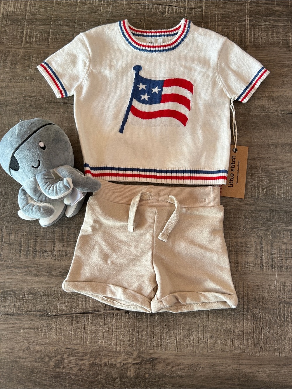 Little Stitch Kids Cream Knit Shorts Set with Flag Tee
